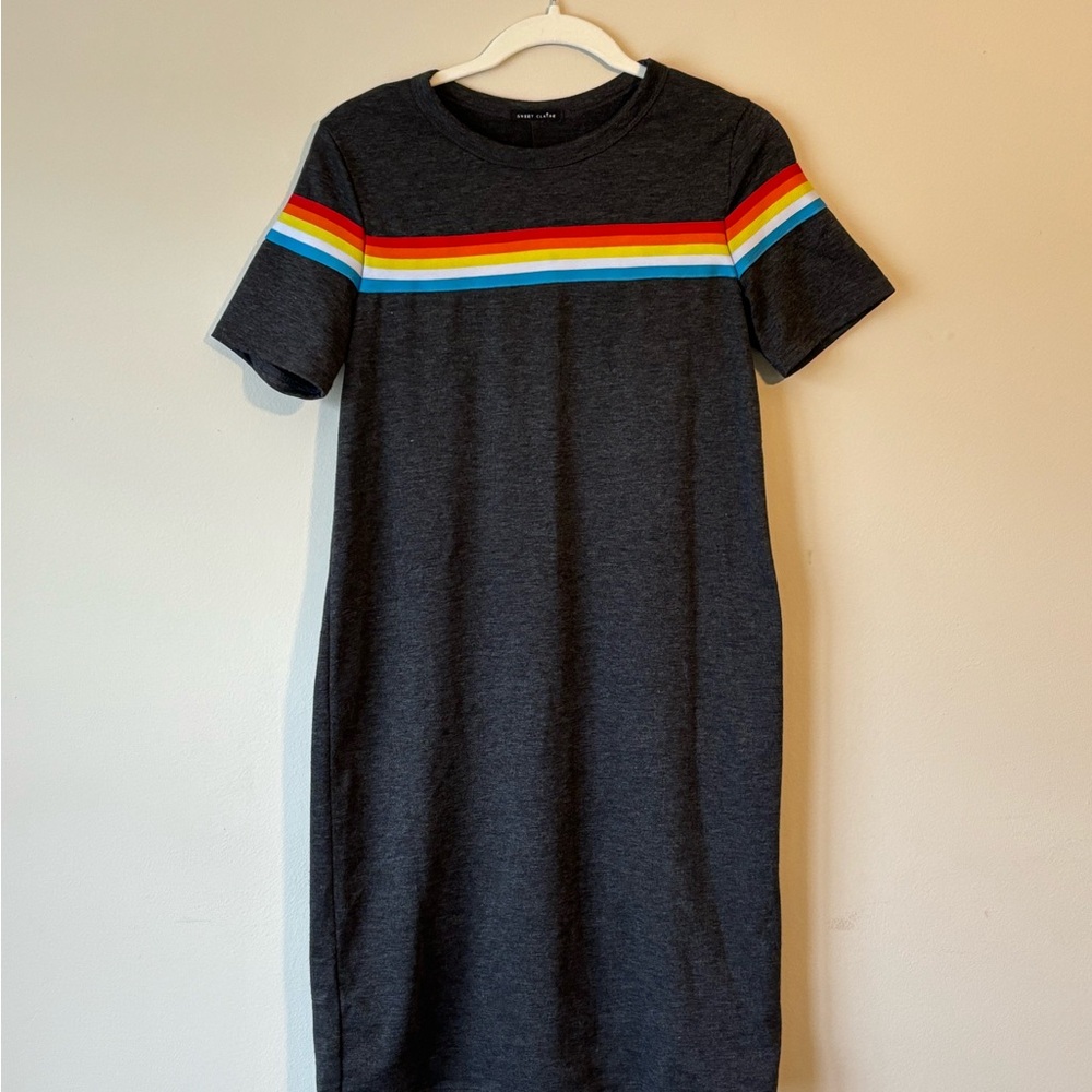 Sweet Claire Gray Dress with Rainbow Stripe sz M